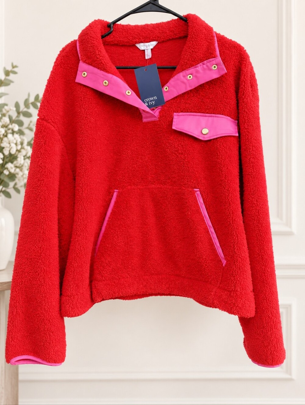 Crown & Ivy Women's Large Red Sherpa Fleece Pullover NWT
